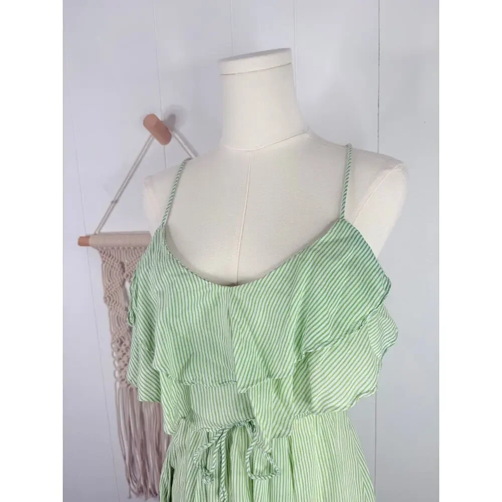Free People Green Stripe Ruffle Mini Dress Small Flutter Away